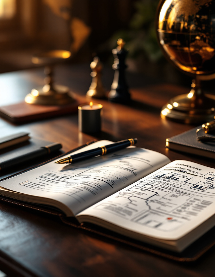 Carnet de notes strategiques, stylo, pieces d'echecs et globe en laiton sur un bureau