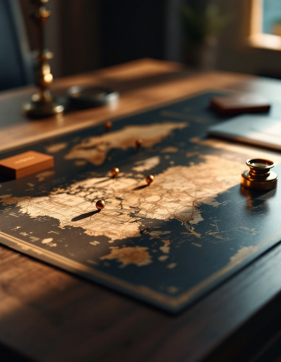 Carte du monde avec des epingles en laiton marquant des destinations